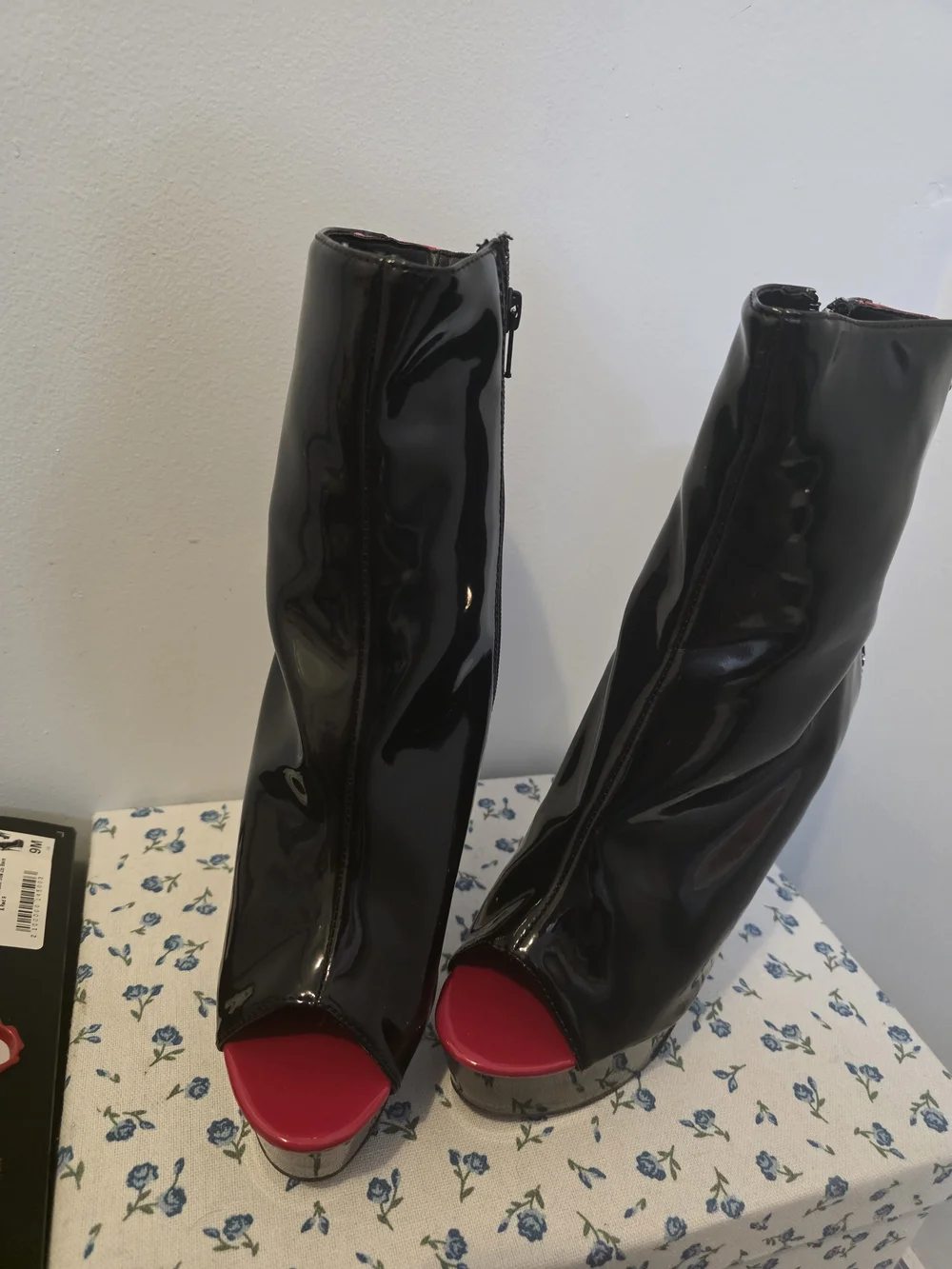 Pleaser Women’s Black Patent Boots with Red Trim
